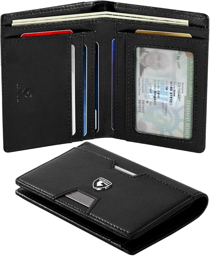 GSOIAX Wallet for Men Slim RFID Blocking Front Pocket Bifold Wallet Leather Money Clip 10-12 Cards Mens Wallet with ID Window Thin Minimalist Credit Card Holder Birthday Gifts for Men Leather-Black