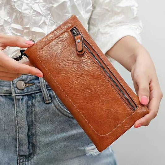 Vyrnox Genuine Leather Women's Long Vintage Zipper Money Clip Clutch Bag with RFID Blocking Coin Purse for Women Including Gift Box (Green)