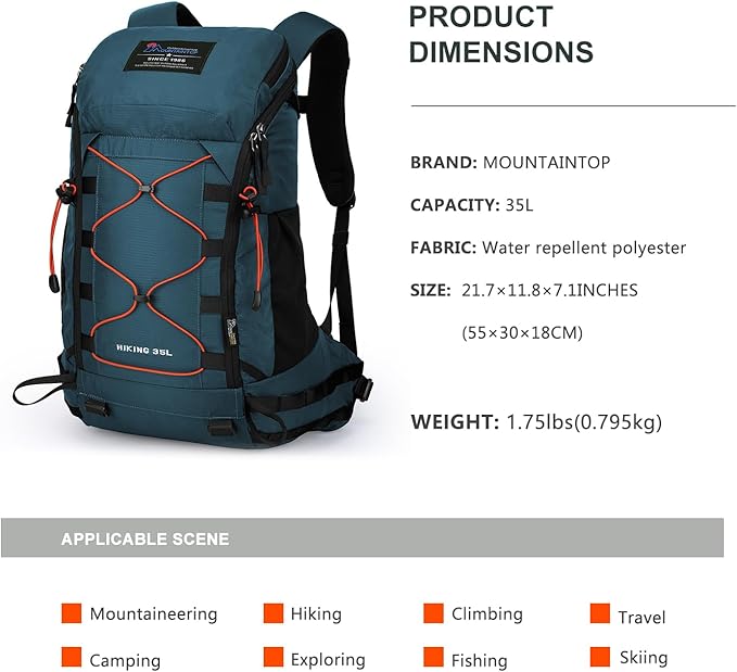 MOUNTAINTOP 35L Hiking Backpack, Lightweight Outdoor Travel Camping Daypack with Rain Cover for Men & Women（Blue）