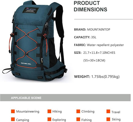 MOUNTAINTOP 35L Hiking Backpack, Lightweight Outdoor Travel Camping Daypack with Rain Cover for Men & Women（Blue）