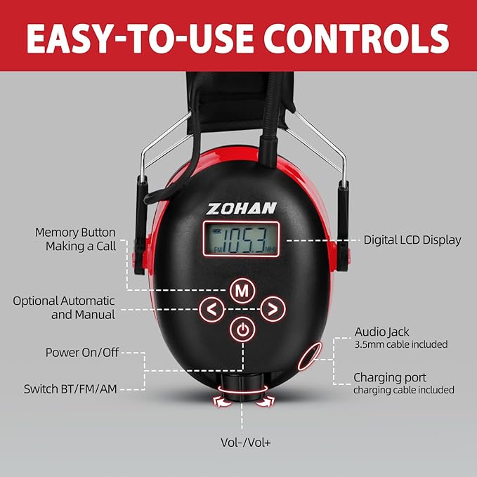 ZOHAN 033 Bluetooth AM/FM Radio Headphones with 2000mAh Rechargeable Battery,25dB NRR Noise Reduction Safety Earmuffs