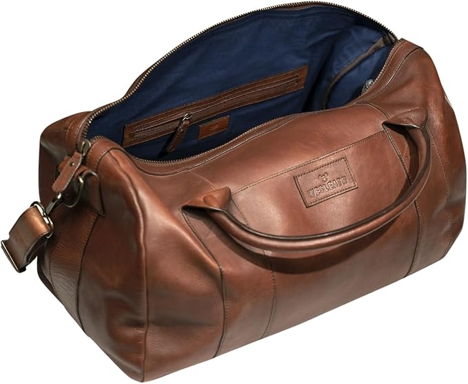 Full Grain Leather Duffle Bag – 40L Travel, Gym & Carry-On Weekender for Men | Handcrafted Overnight Bag with Brass Hardware, Bourbon Style