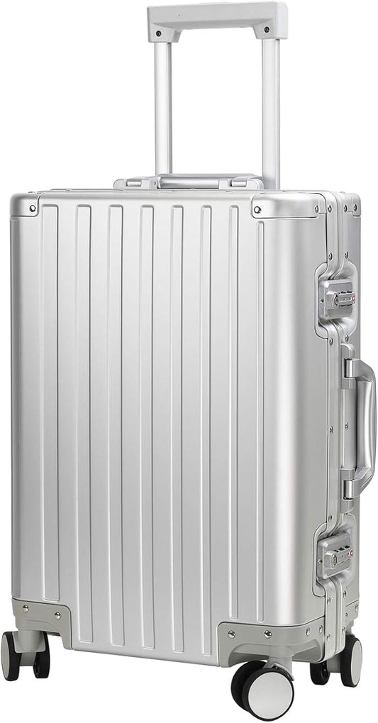 25-inch Aluminum Checked Luggage: Silver - Full Metal Shell - Crush-Resistant & Burst-Proof, TSA Lock & Spinner Wheels for Business Travel - Men Women