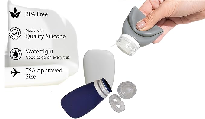 Travel Bottles for Toiletries, TSA Approved 3oz (90ml) Leak Proof Silicone Refillable Squeeze Travel Size Containers BPA Free for Cleansers, Lotions, Shampoo 4pk color (P,G,Blk,Blue)