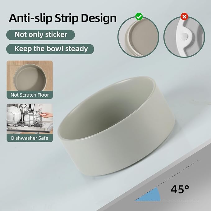 Ceramic 6.1inch Non-Slip Dog Food and Water Bowl for Small & Medium Breed Dogs,Pet Bowl for Replacement, Protects Cervical Spine (Grey)