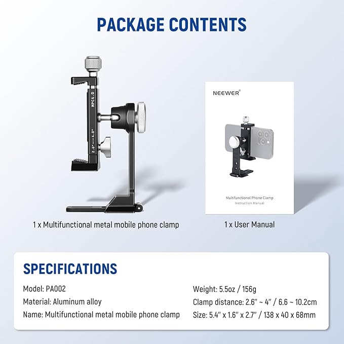 NEEWER Smartphone Tripod Mount Aluminum Alloy, 360° Rotatable Phone Stand Holder Clamp with Cold Shoe and Arca Base Compatible with iPhone 15 Pro Max Galaxy S24 Ultra Pixel & 2.6"-4" Wide Smartphones