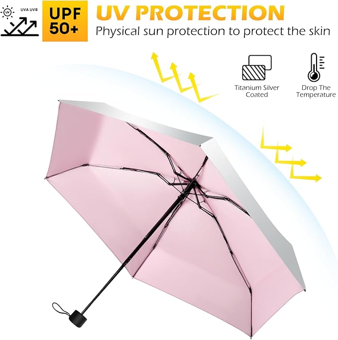 Travel Mini UV Umbrella for Purse Handbag Backpack in Small Size Sun & Rain Protection Compact Lightweight Tiny Pocket Umbrella for Kids Women Men