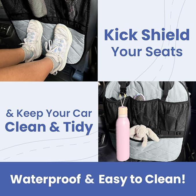 4Knines Car Seat Back Organizer – Heavy-Duty Kick Mat w/Mesh Storage Pockets, Bottle Hook – UV-Resistant Hardware – Waterproof Backseat Organizer for Kids & Pets – Fits SUVs, Trucks, Cars – Grey