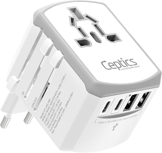 Ceptics Universal Travel Adapter 17.5W, 5 in 1 Universal Laptop Charger with 2X USB-A & USB-C 3.5A for Mobiles, Laptops, Cameras US, UK, EU, AU, All in 1 Type A, C, G, I Output, White