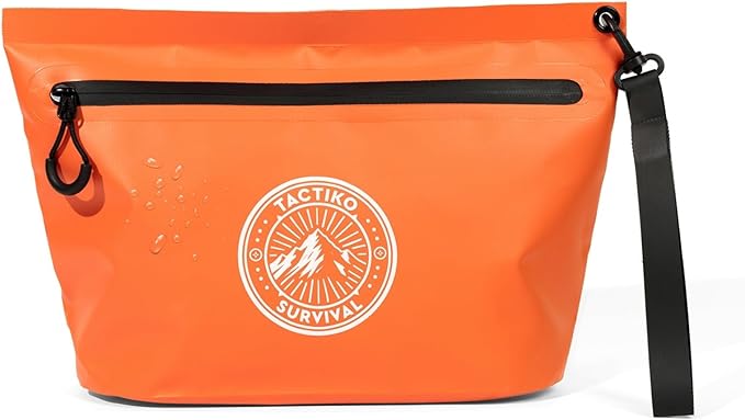Tactiko 3L Water Resistant Pouch - Waterproof Material w/Splashproof Zipper - Hold All Zipper Bag for Storage, Toiletries, Travel, Beach, Cruise, Home (Orange)