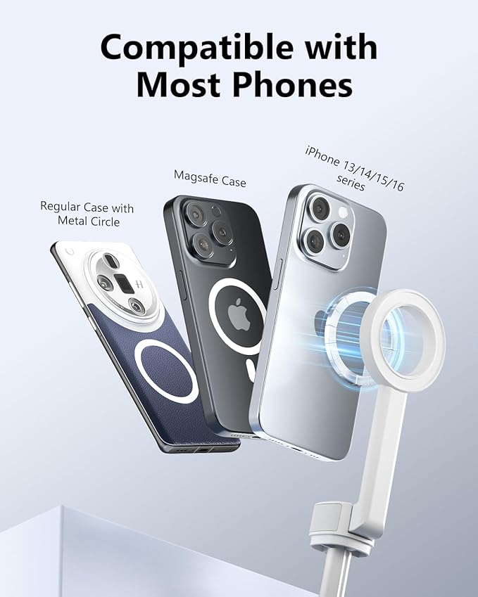 UBeesize Magnetic Tripod for iPhone with Remote, 64’’ Extendable Phone Stand for Video Recording/Vlogging, N52 Strong Holder for iPhone 12-15/Android, Portable Travel Selfie Stick Tripod(White)