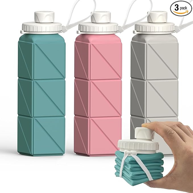 Collapsible Water Bottles 20.6oz, Silicone Foldable Portable Travel Water Bottle, BPA-Free, Leakproof Reusable for Traveling Camping Hiking Sports Outdoor, 3 Pack (Blue+Pink+Starlight)