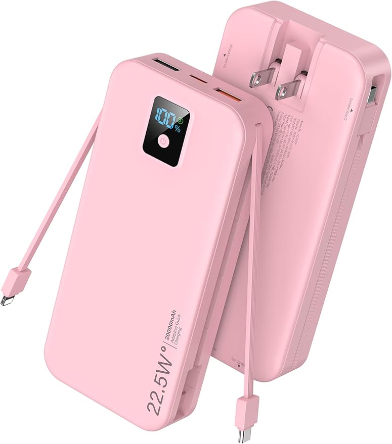 Portable Charger, 20000mAh 22.5W Fast Charging Power Bank with Built-in Cables & Wall Plug, Travel Essential Battery Pack with LED Display, USB C Battery Phone Charger for iPhone, iPad, Samsung Pink