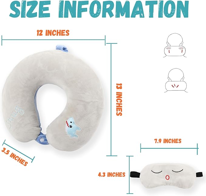 Kids Neck Pillow for Travel with Sleep Eye Mask, Cute Travel Neck Pillow, Memory Foam Flight Sleeping Headrest Pillow for Boys & Girls, Airplane, Train, Car, Home Use - Little Shark