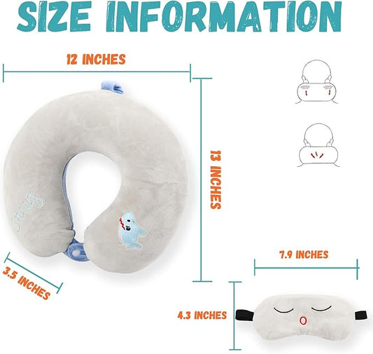 Kids Neck Pillow for Travel with Sleep Eye Mask, Cute Travel Neck Pillow, Memory Foam Flight Sleeping Headrest Pillow for Boys & Girls, Airplane, Train, Car, Home Use - Little Shark