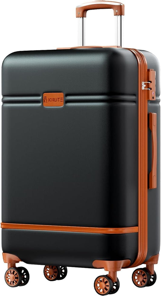 Krute Checked Luggage 24 inch Suitcases with Wheels TSA Approved PC+ABS Lightweight Hard Side Suitcase (BlackBrown)