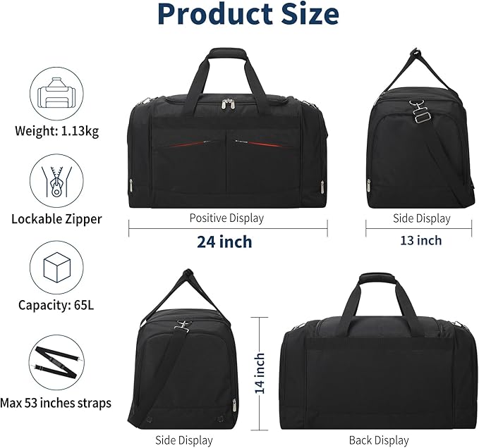 24 inch Large Gym Bag for Men - 65L Hard Bottom Duffle Bag with Shoes Compartment for Sport/Travel - Black