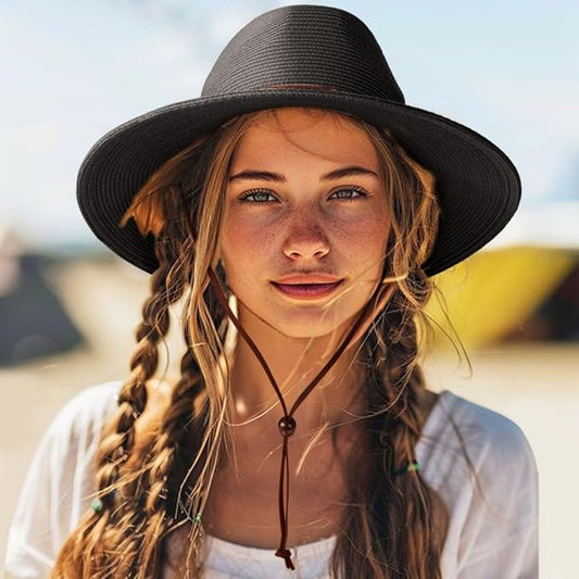 DRESHOW Women Straw Panama Hat Travel Fedora Beach Sun Hat Summer Wide Brim Straw Roll up Hat UPF 50+