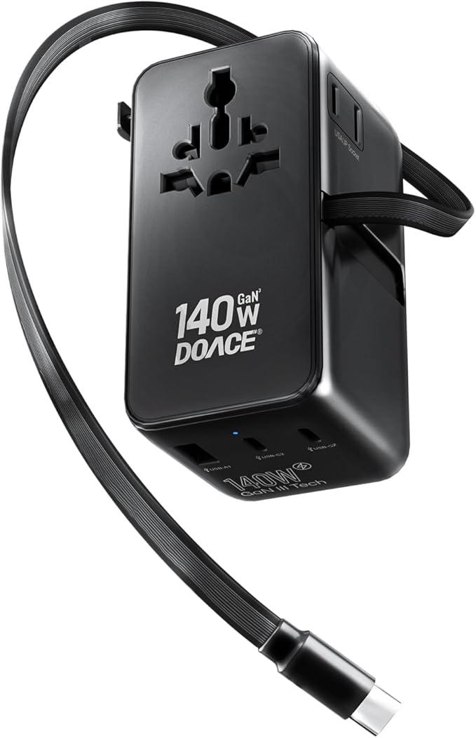 DOACE Universal Travel Adapter, 140W GaN 3.0 European Travel Plug Adapter with Built-in USB-C Cable, 6 in 1 USB-C PD Fast Charging Universal Adapter for Worldwide Travel-EU/UK/USA/AUS