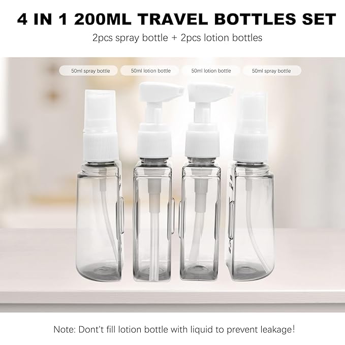Skycase Travel Bottles - Leak Proof Refillable Tsa Approved Travel Size Toiletries, 4 in 1 Liquid Bottles Containers with Labels and Funnel Airplane Accessories Kits for Lotion Liquid (White)