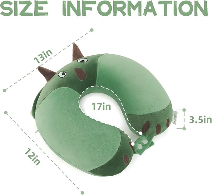 Niuniu Daddy Kids Travel Pillow - Soft Memory Foam Neck Pillow for Airplane, Car, Train Travel - Green Dinosaur Design for Boys & Girls (9-12 Years)