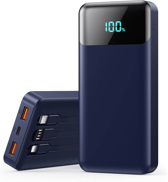 Portable Charger 40800mAh Power Bank with 3 Built-in Cables,PD 25W USB C in&Out Power Bank Fast Phone Charging,QC4.0 5 Output LED Display Battery Pack Compatible with iPhone 17/16,Samsung Android-Navy