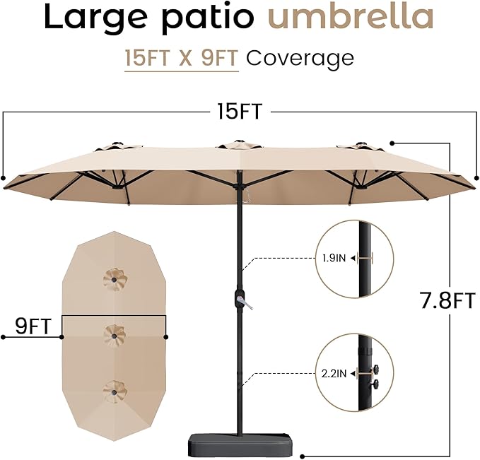 DomeShade 15ft Patio Umbrella with Base,Large Outdoor Double-Sided Rectangle Umbrella with Crank Handle, Market Umbrella for Poolside Garden Deck Backyard Beach Pools, Beige