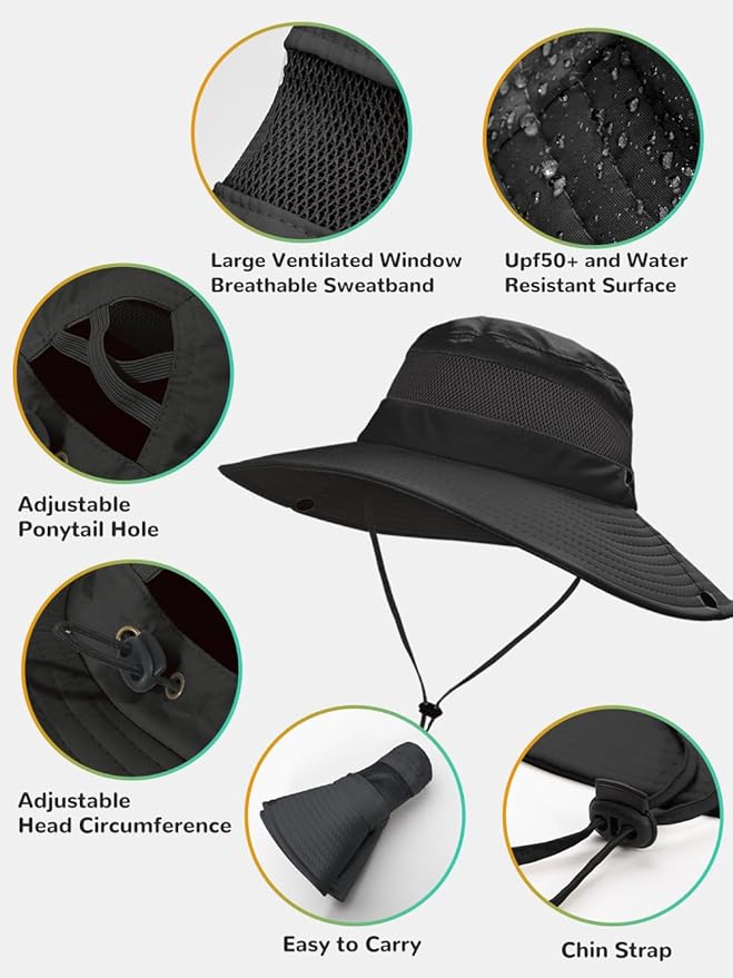 Sun Bucket Beach Hats for Women with Ponytail Hole,Sun Protection UV UPF50+ Waterproof Fishing Safari Hiking Hat