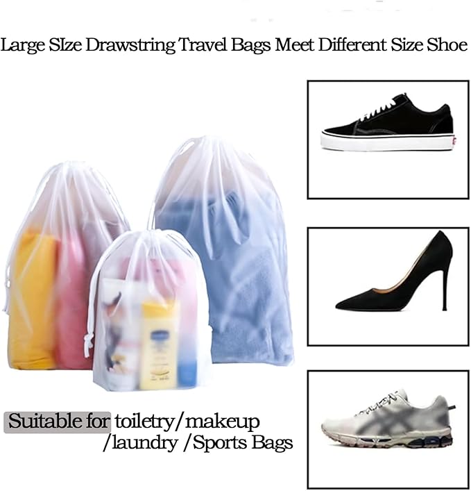 Frosted Clear Plastic Travel Shoe Bag for Men Woman Travel Organizer, 15Pcs Washable Translucent Drawstring Pouch with Rope for Golf GYM Sneaker Clothes Suitcase Home Packing Storage