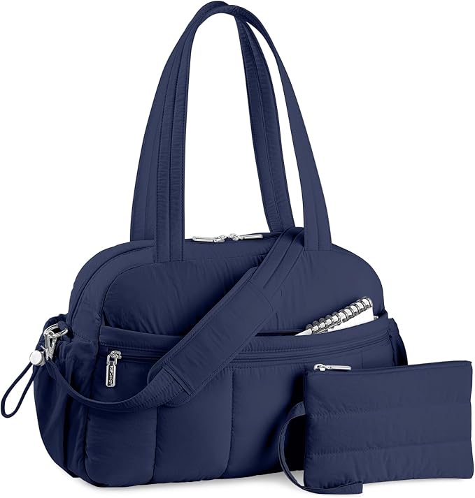 TOPDesign Travel Duffel Bag for Women, Puffer Gym Bag Sports Tote with Wet Pocket, Carry On Weekender with Luggage Sleeve (Navy Blue)