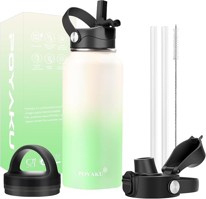 Water Bottle Insulated 32oz 40oz 64oz 128oz Straw Lid Spout Lid & 3 Lids, Leak Proof, Vacuum Insulated,Stainless Steel Water Bottle Wide Mouth for Sports, Gym or Office