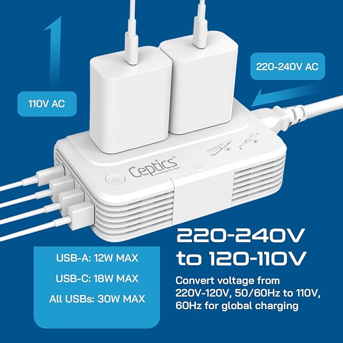 Ceptics 200W 220v to 110v converter, Step Down Voltage Converter for Curling Iron, Straightener, Charger, Travel Adapter and Voltage Converter, 3 USB-A, USB-C PD 18W, Type C, E/F, G, I, Plugs included