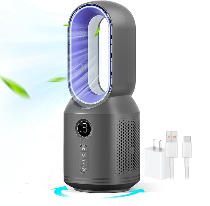 Desk Fan,13 Inch Portable Bladeless Fan, Small Quiet Office Fan with 106° Oscillating, 3 Speeds & Night light, LED Display, Button Control, Personal Table Fan for Bedroom, Office, Home, Study Room