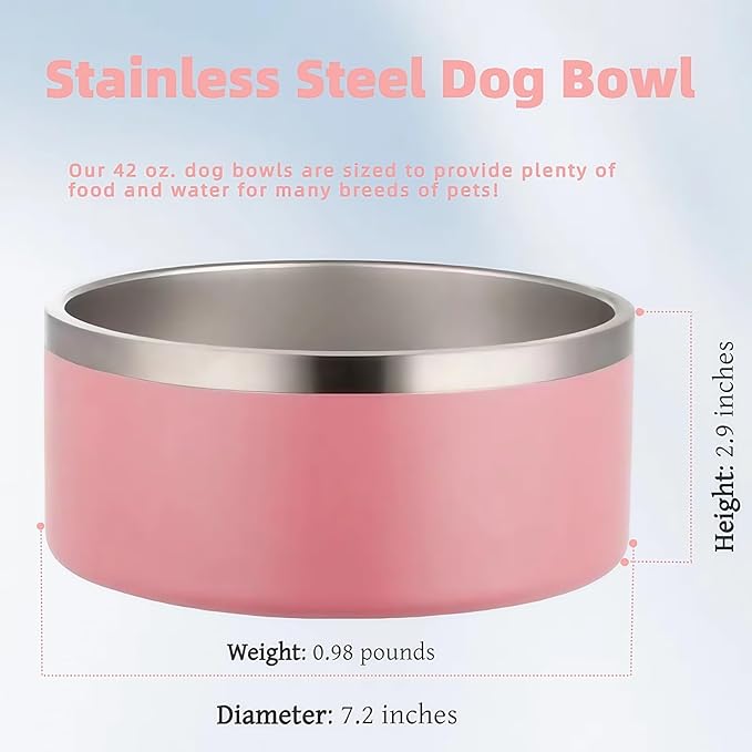 Dog Bowls Small Sized Dogs-Medium Sized 1.2l/42oz Double Layer Stainless Steel Outdoor Dog Water Bowl,Puppy Insulated Food Bowl,with Non-Slip Bottom and 1pc 8oz Food Scoop (Pink, 42 oz)