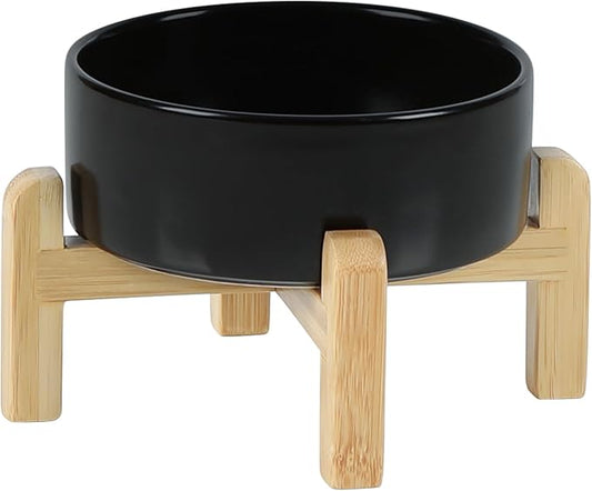 Ceramic Raised Dog and Cat Bowl Set, 2 Heights Elevated Stand, Food and Water Bowl for Small Breed Dogs, Cats, Kitty, Weighted Dog Dishes, Pet Bowls(5.1'',13.5oz, Black)