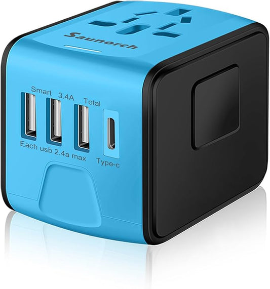 Travel Adapter Worldwide, Universal International Power Plug Adapter W/2.4A 3xUSB-A and 3.0A Type-C Wall Charger, European Travel Plug Adapter for Europe UK EU US CA AU Italy Asia-Blue