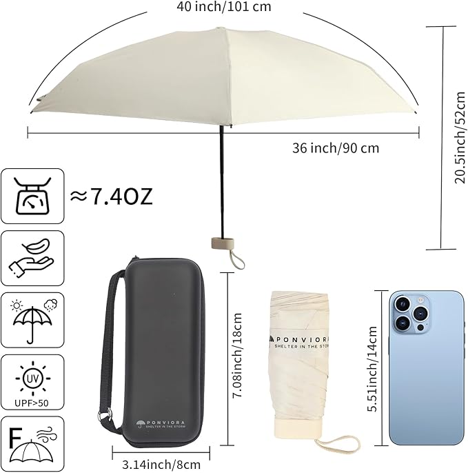 Compact Mini Windproof Travel Umbrella-UPF 50+ Sun & Rain Protection, Small Folding Design Fits in Pocket or Purse, Lightweight Portable with Case for Women, Men & Kids