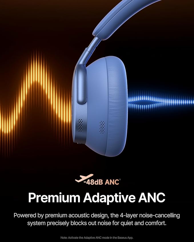 Baseus Inspire XH1 Adaptive Active Noise Cancelling Headphones, Sound by Bose, Dolby Audio, Premium Real-Time Adaptive ANC, Adaptive Tuning Rich Sound, Hi-Res Audio, 100H Playtime -Twilight Blue