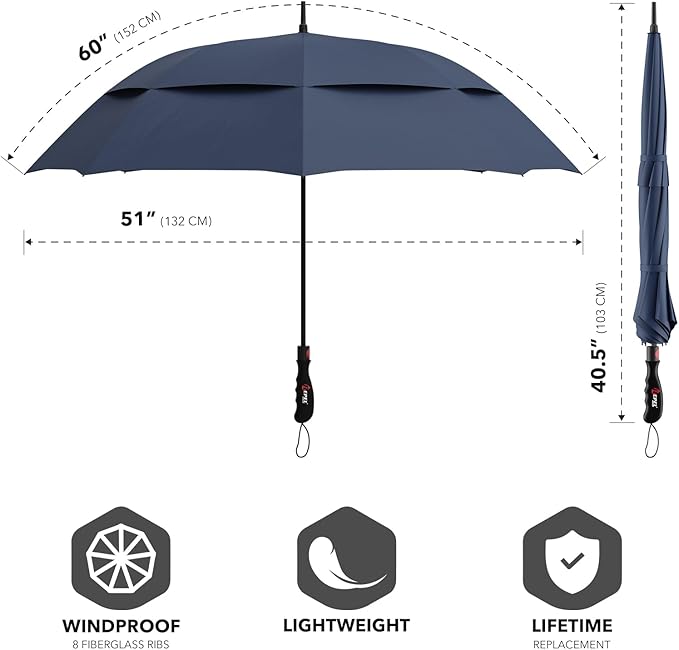 Repel Umbrella Extra Large Windproof Golf Umbrella - Covers 2 People - 60" Wide Vented Double Canopy with Reinforced Fiberglass Ribs, Waterproof Coated Canopy
