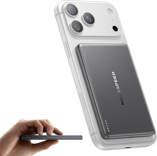 MOVE SPEED 0.3'' Ultra Slim MagSafe Portable Charger, 5,000mAh Battery Pack, Magnetic Power Bank with USB C Cable,Alloy Wireless Charger for iPhone 17 Pro Max/17 Air/16/15/14/13/12, Starry Gray