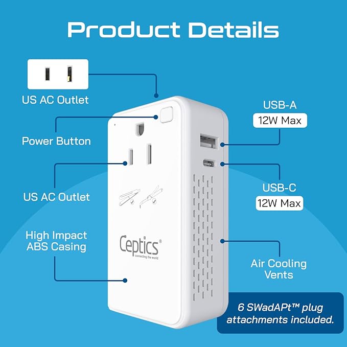 Ceptics Step Down Voltage Converter US to Europe - 200W Convert 220V to 110V for Curling Iron, Straightener, Charger – USB-A & C Fast Charging – SwadApt Type A, B, C, E/F, G, I Included