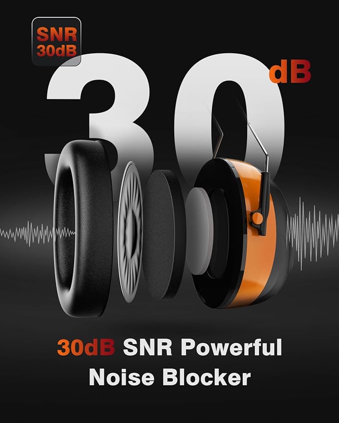 Bluetooth 5.4 Hearing Protection Headphones with 120H Working Time, 30dB SNR, Superior Stereo Sound Quality, Larger Buttons for Easy Operation, Safety Ear Muffs for Lawn Mowing, Workshops