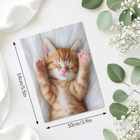 Little Kitten Passport Holder for Travel Cat Sleeps on Fur White Blanket PU Leather Passport Cover Wallet Cute Passport Card Holder for Women and Men