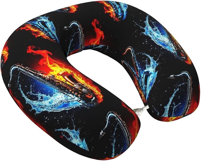 Neck Pillows for Travel Water Fire Saxophone, Women and Men Airplane Car Pillow, Neck Support U Shaped Pillow for Rest Pain Relief Sleeping