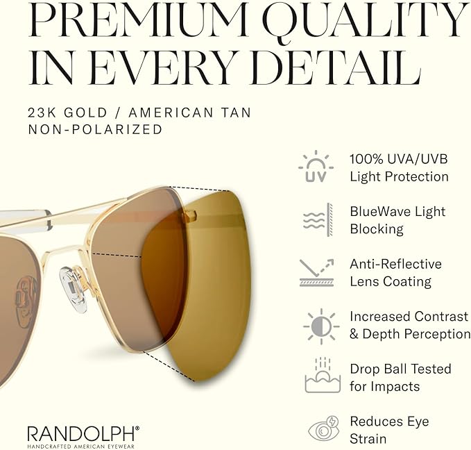 Randolph Eyewear Aviator Sunglasses for Men & Women – Non-Polarized & Polarized Lenses, 23k Gold UV Protection Sunglasses