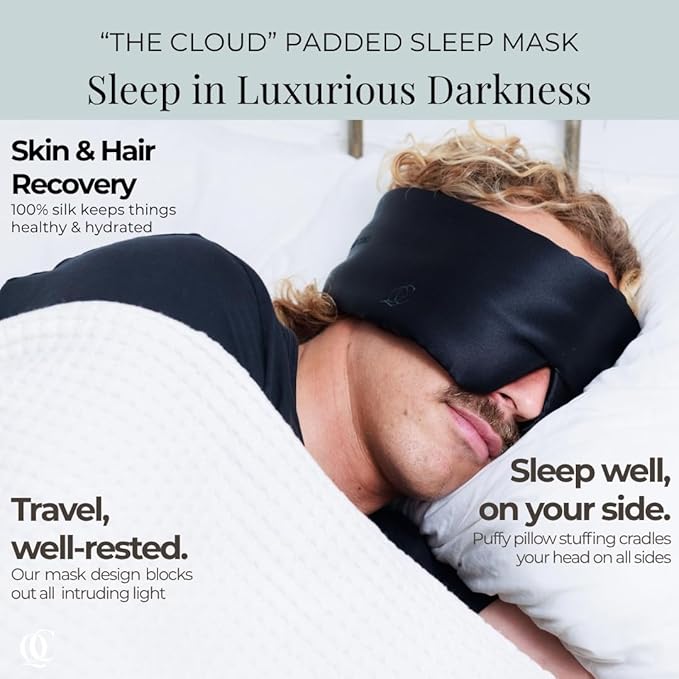 Padded Silk Sleep Mask, Sleep on Your Side Longer, Total Blackout Liner Blocks Light, Lightweight, 100% Silk 22 Momme, Soft Lightweight Stuffing Feels Like a Cloud on Your Eyelids (Obsidian Black)