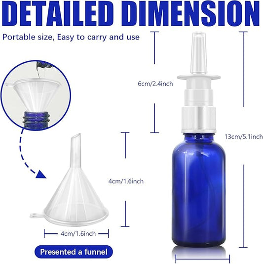 Cupohus Nasal Spray Bottle, 3 Pcs 30ML/1oz Cobalt Blue Glass Refillable Fine Mist Sprayers Atomizers, Travel Sized, Empty Nasal Sprayer with Funnels and Labels