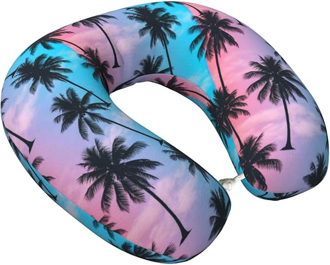 Travel Pillow Chin Neck Support, Comfortable Airplane Car Pillows for Rest, Memory Foam U Shaped Office Home Nap Sleeping Cushion Purple Sky Palm Trees