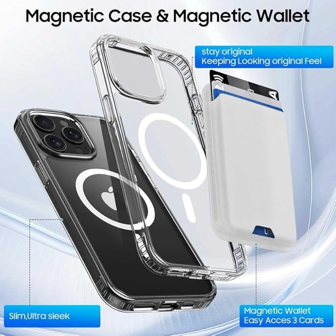 Ntwinro Magnetic for iPhone 14 Pro Max Clear Case (Compatible with MagSafe) with White Detachable Wallet & Card Holder for 3 Cards [RFID Blocking] Military Grade Protective Slim Phone Cover