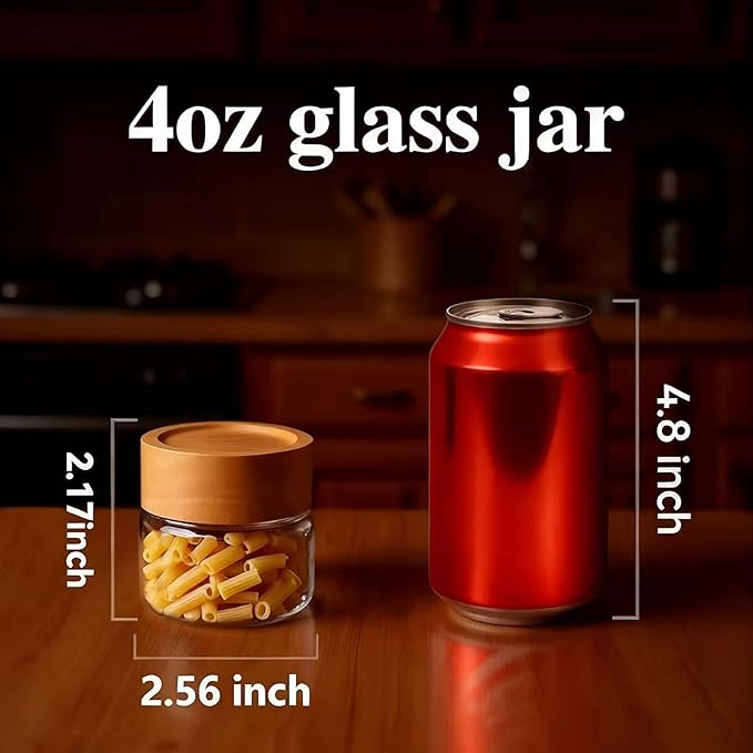 Zoaiirte 2-Pack 4 oz Leakproof Mason Jars with Airtight Acacia Wood Lids - Small Glass Food Storage Containers for Overnight Oats, Spices, Snacks, Kitchen Pantry Organization
